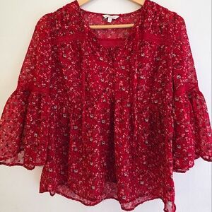 Lucky Brand Red Floral Swiss Dots Bell Sleeve Blouse Ruffled Details Sheer Boho‎